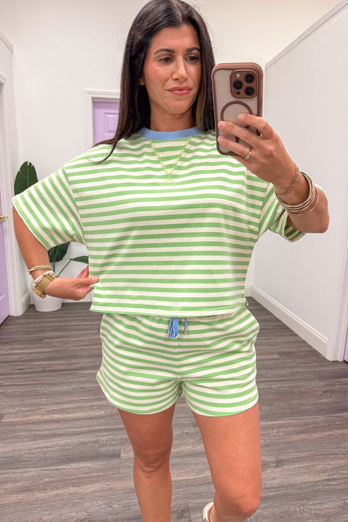 green and cream striped short sleeve boxy silhouette semi-cropped french terry knit top