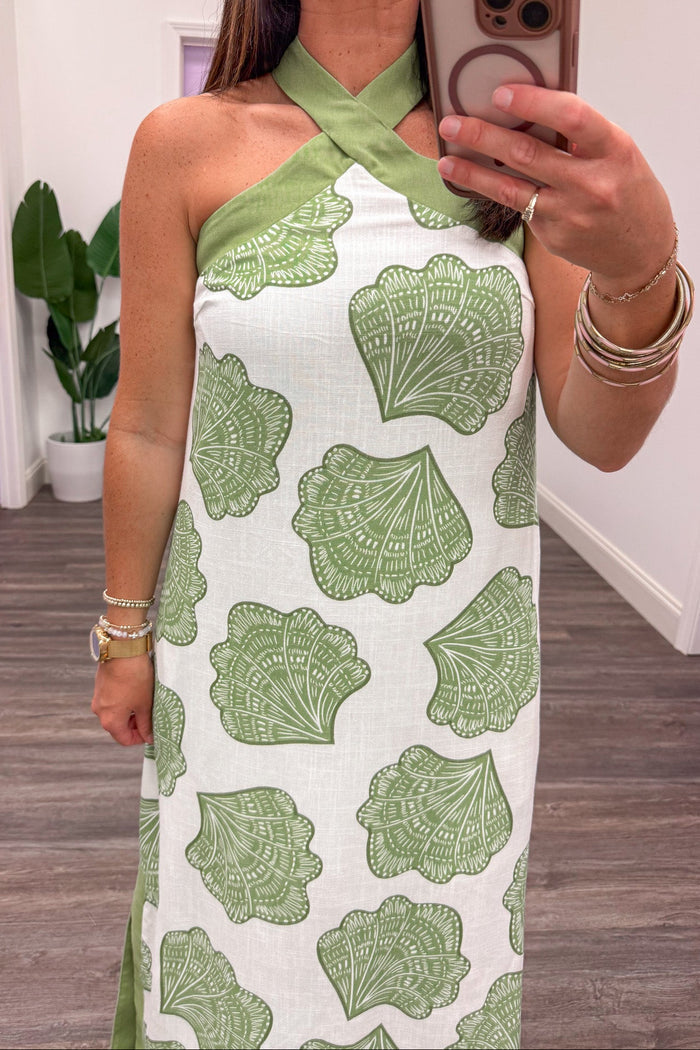 matcha green and cream seashell print sleeveless halter neckline midi dress