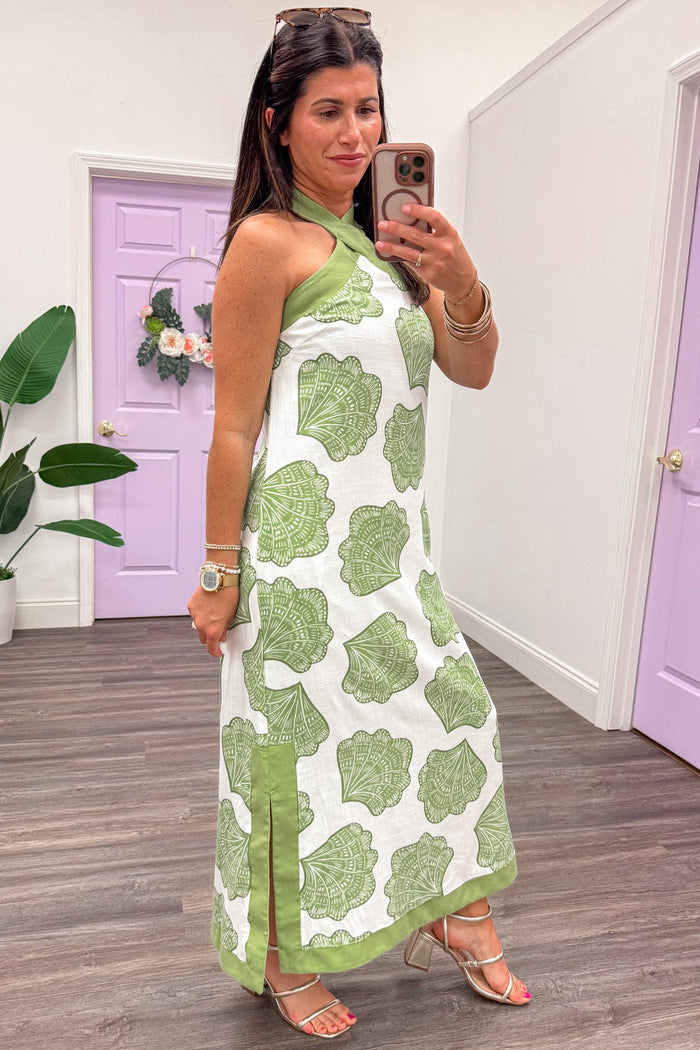 matcha green and cream seashell print halter midi dress with hem side slits