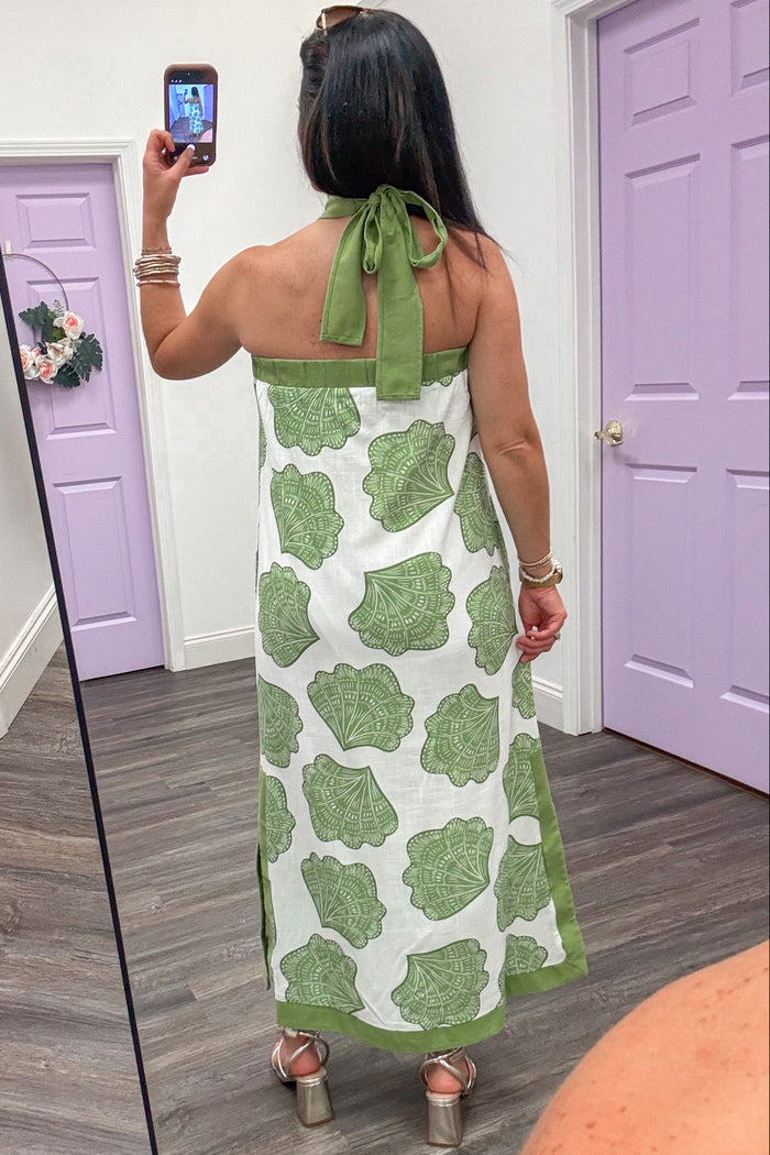 matcha green and cream seashell print sleeveless self tie halter midi dress