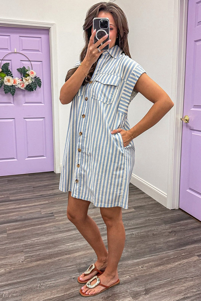 light blue and off white striped button down mini dress with side pockets