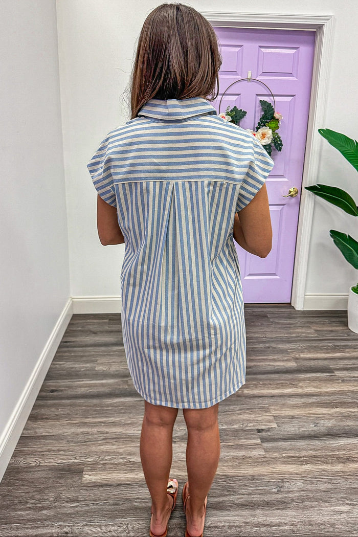 light blue and off white striped collared neckline button front mini dress