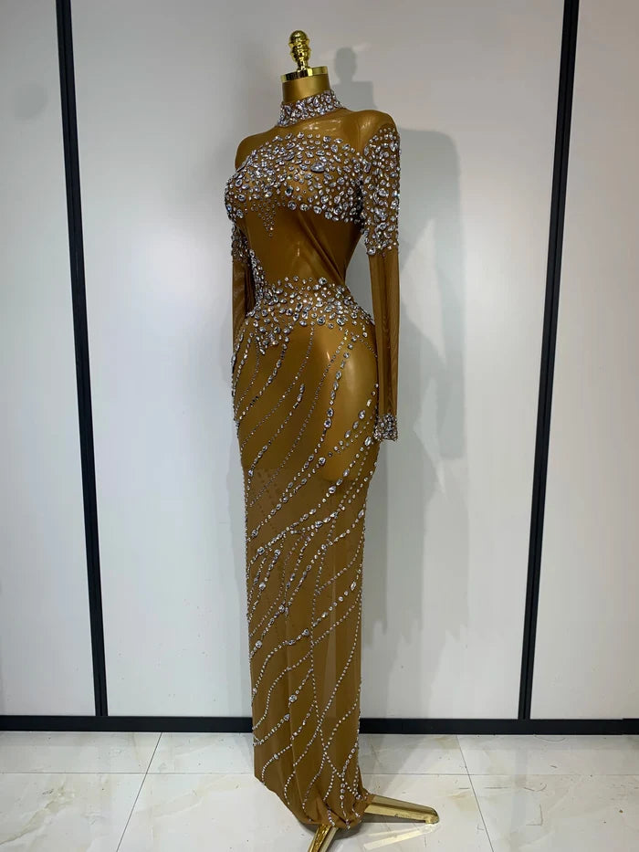 Colette sparkly brown rhinestone mesh transparent long dress for evening parties and nightclub dancers.