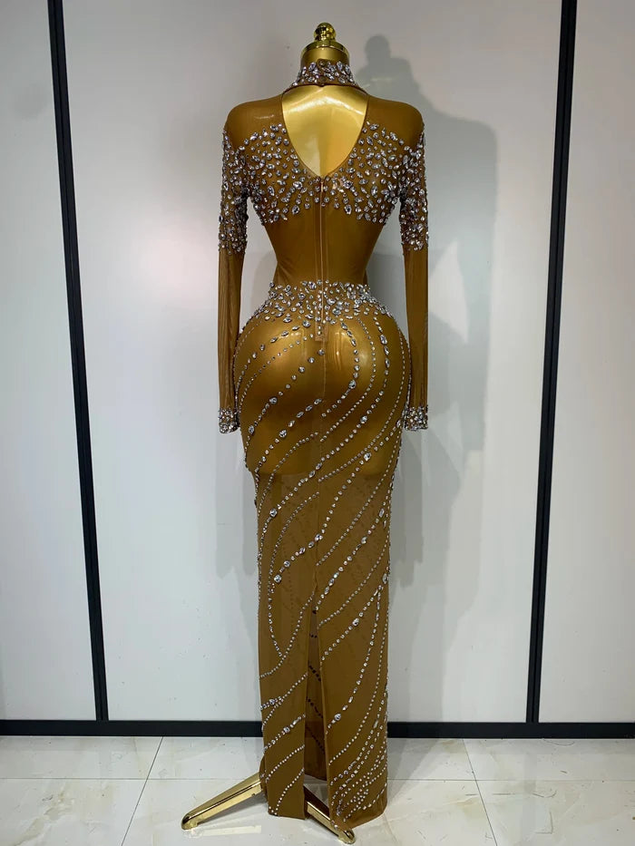 Colette sparkly brown rhinestone mesh transparent long dress for evening parties and nightclub dancers.