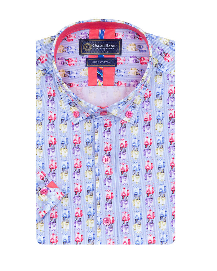 Colourful Vespa Print Short Sleeve Shirt-Makrom