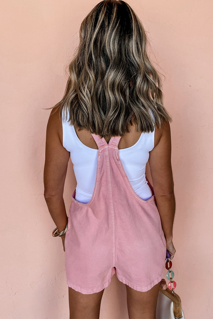 Combi-short en jean rose à bretelles nouées de couleur unie avec poches-A WOMAN WE LOVE