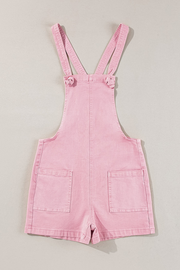 Combi-short en jean rose à bretelles nouées de couleur unie avec poches-A WOMAN WE LOVE