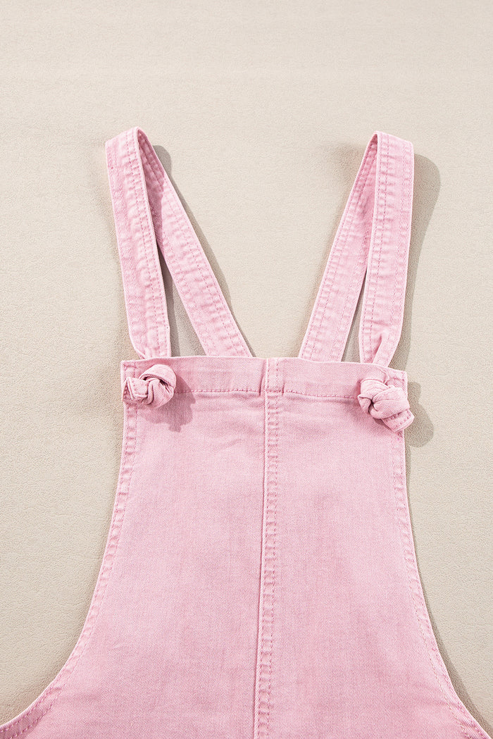 Combi-short en jean rose à bretelles nouées de couleur unie avec poches-A WOMAN WE LOVE