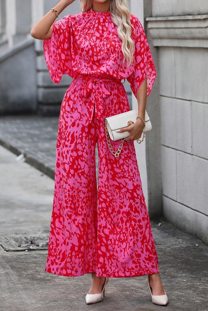 Combinaison léopard rose à manches amples et ceinture à jambe large-A WOMAN WE LOVE
