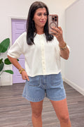 solid cream button front short sleeve cardigan top
