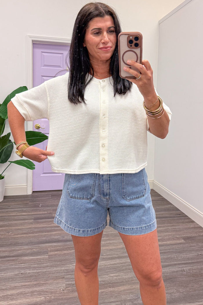 solid cream button front crew neckline cardigan top relaxed silhouette