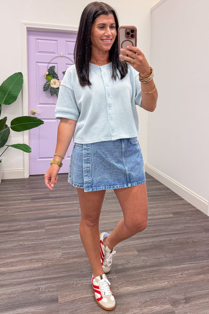 light blue drop shoulder short sleeve button front textured knit cardigan top