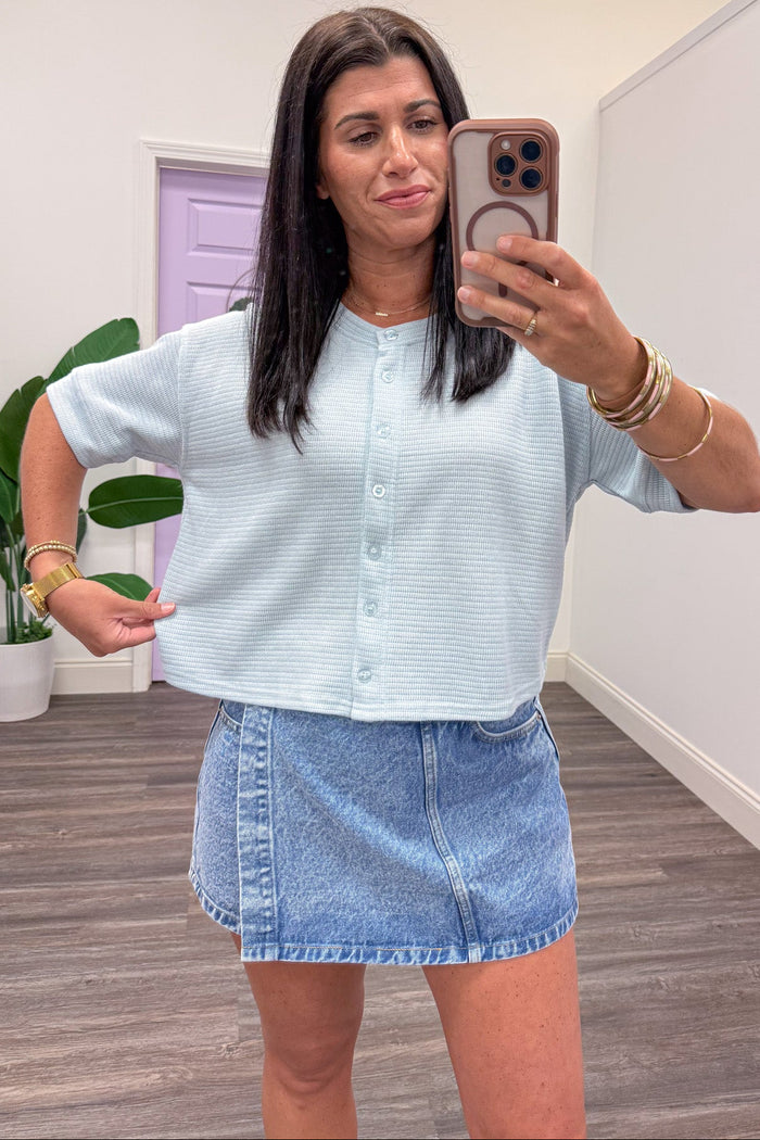 light blue short sleeve button front textured knit cardigan top relaxed silhouette