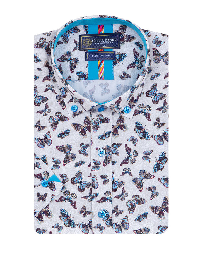 Cream Butterfly Print Short Sleeve Shirt-Makrom