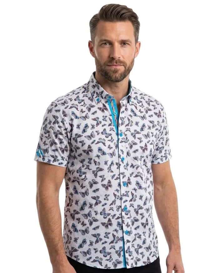 Cream Butterfly Print Short Sleeve Shirt-Makrom