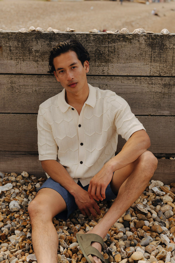 Cream Chevron Knit Polo, Polo Shirt - SIRPLUS