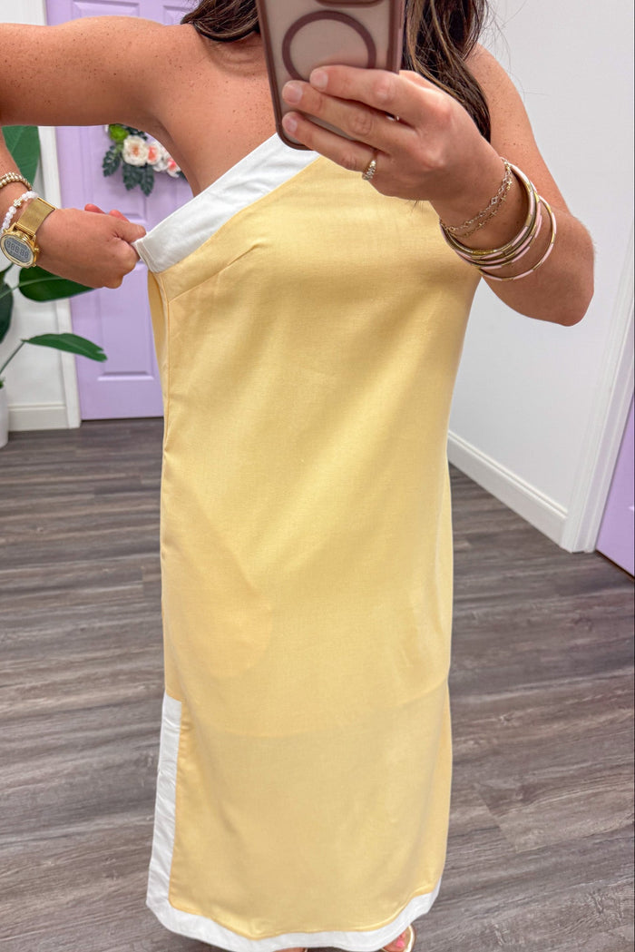 golden yellow with cream trim bottom hem side slits halter midi dress