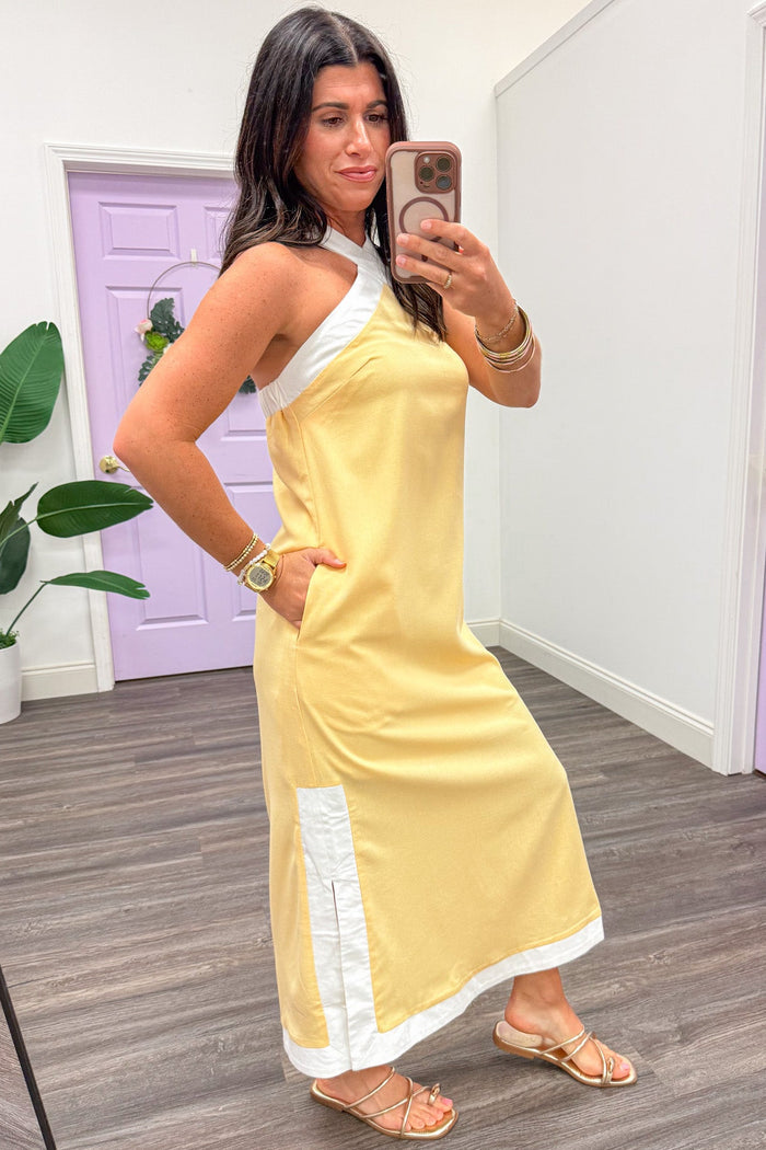 golden yellow with cream trim sleeveless halter midi dress with side pockets