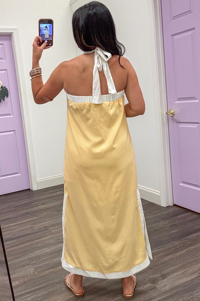 golden yellow with cream trim linen sleeveless halter style midi dress