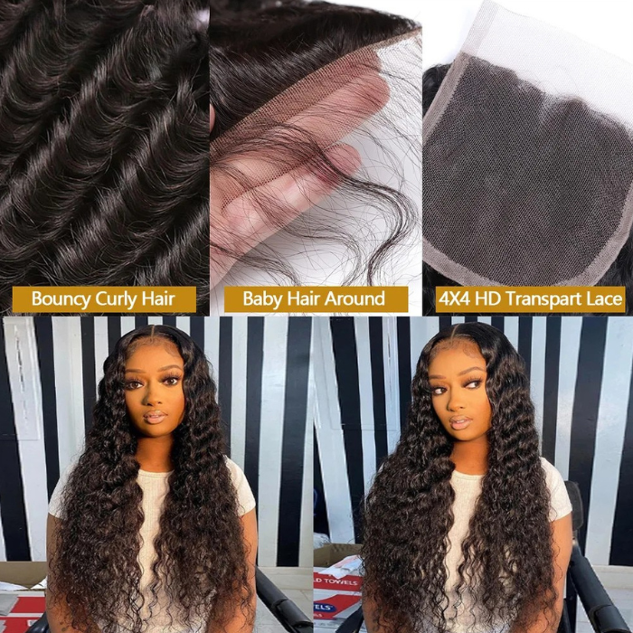 Curly deep wave 4x4 HD lace closure made with 100% raw human hair, pre-plucked hairline, transparent lace for natural blending.