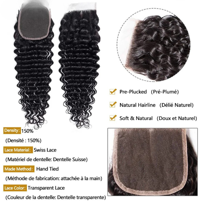 Curly deep wave 4x4 HD lace closure made with 100% raw human hair, pre-plucked hairline, transparent lace for natural blending.