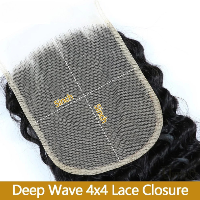 Curly deep wave 4x4 HD lace closure made with 100% raw human hair, pre-plucked hairline, transparent lace for natural blending.