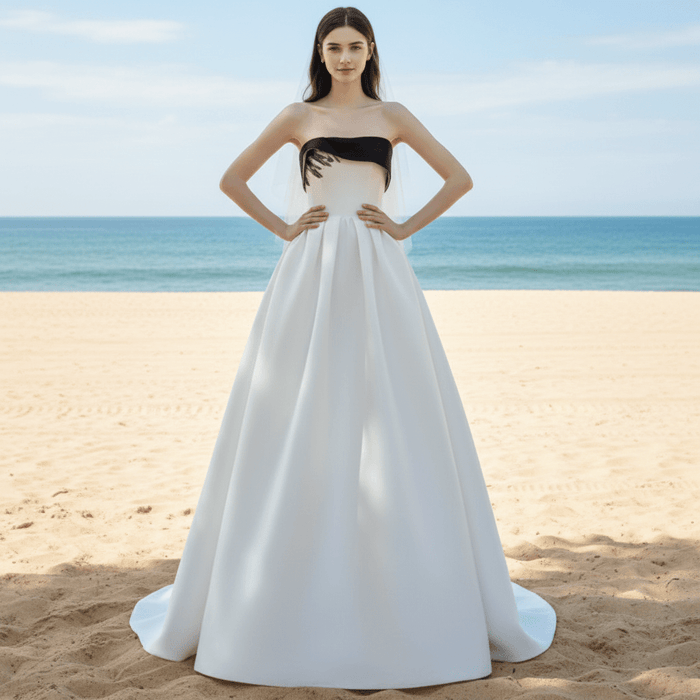 Curve Neck Satin Sheath Bridal Gown Wedding Dress with Pocket - Rosymae