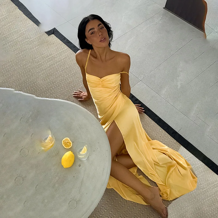 Customized Prom Dress Elegant Yellow Satin Prom Dress High Slit Evening Gown Backless Formal Dress