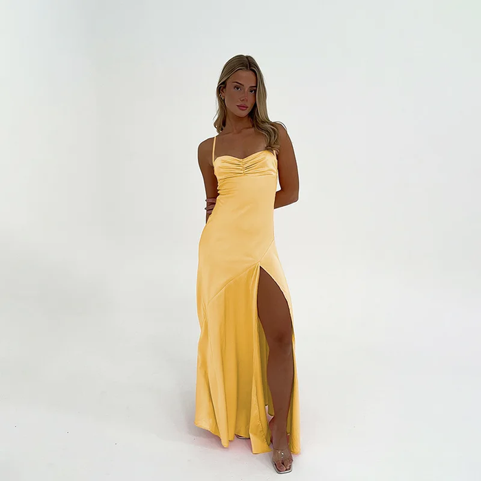 Customized Prom Dress Elegant Yellow Satin Prom Dress High Slit Evening Gown Backless Formal Dress