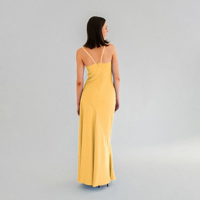 Customized Prom Dress Elegant Yellow Satin Prom Dress High Slit Evening Gown Backless Formal Dress