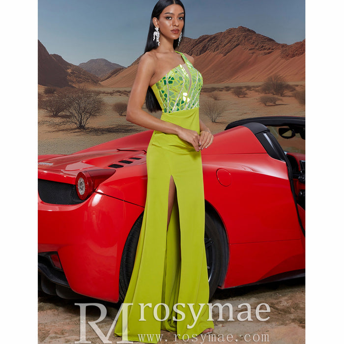 Cut-Out Glitter One-Shoulder Long Prom Dress with Leg Slit BP057 - Rosymae