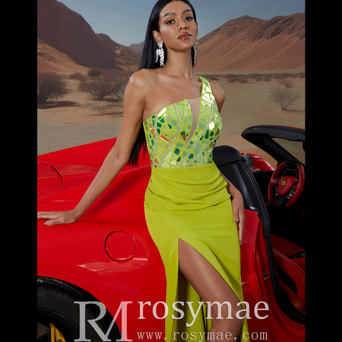 Cut-Out Glitter One-Shoulder Long Prom Dress with Leg Slit BP057 - Rosymae