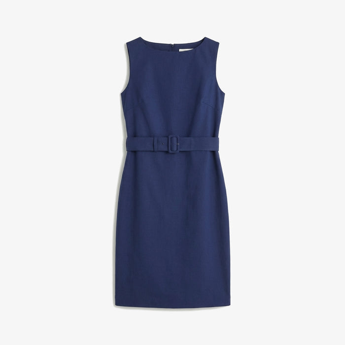 Blue dress with a belt on a white background.