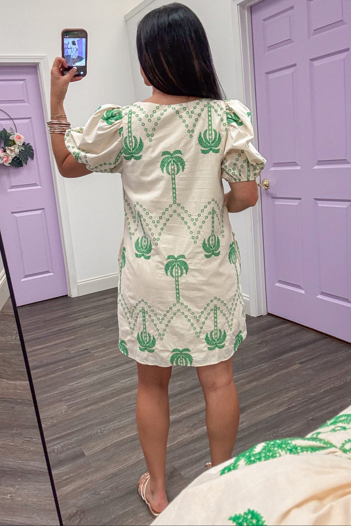 ecru with embroidered palm trees short puff sleeve button front dress