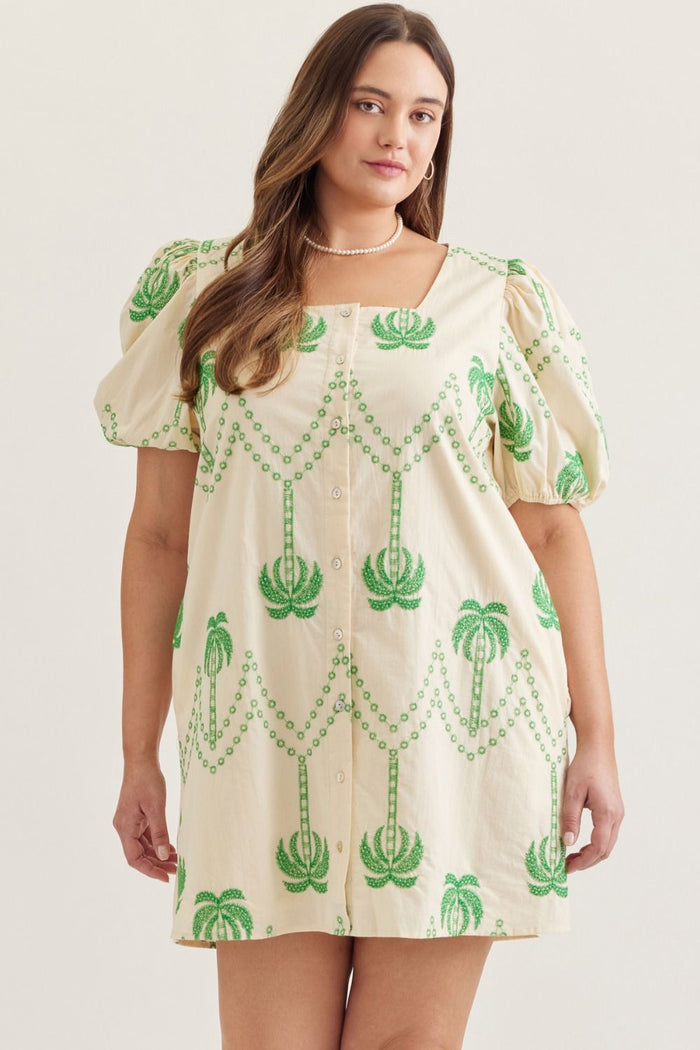 Entro plus size ecru button front dress with green embroidery palm trees