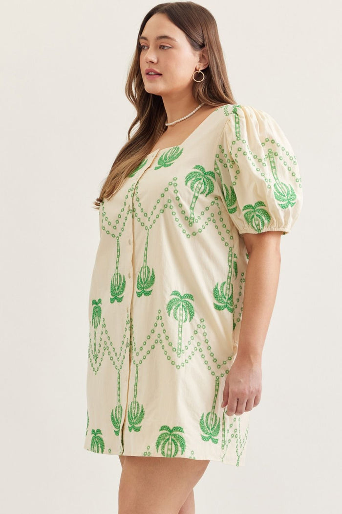 Entro plus size ecru button front dress with green embroidery palm trees with button front closure
