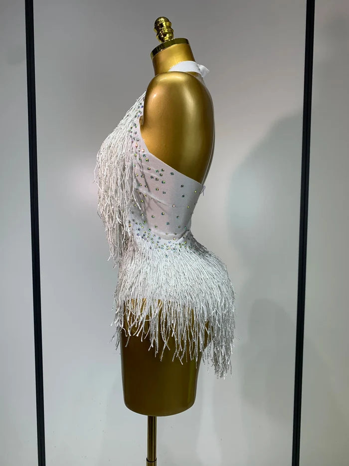 Danica sparkly rhinestones fringes leotard with tassel details for women.