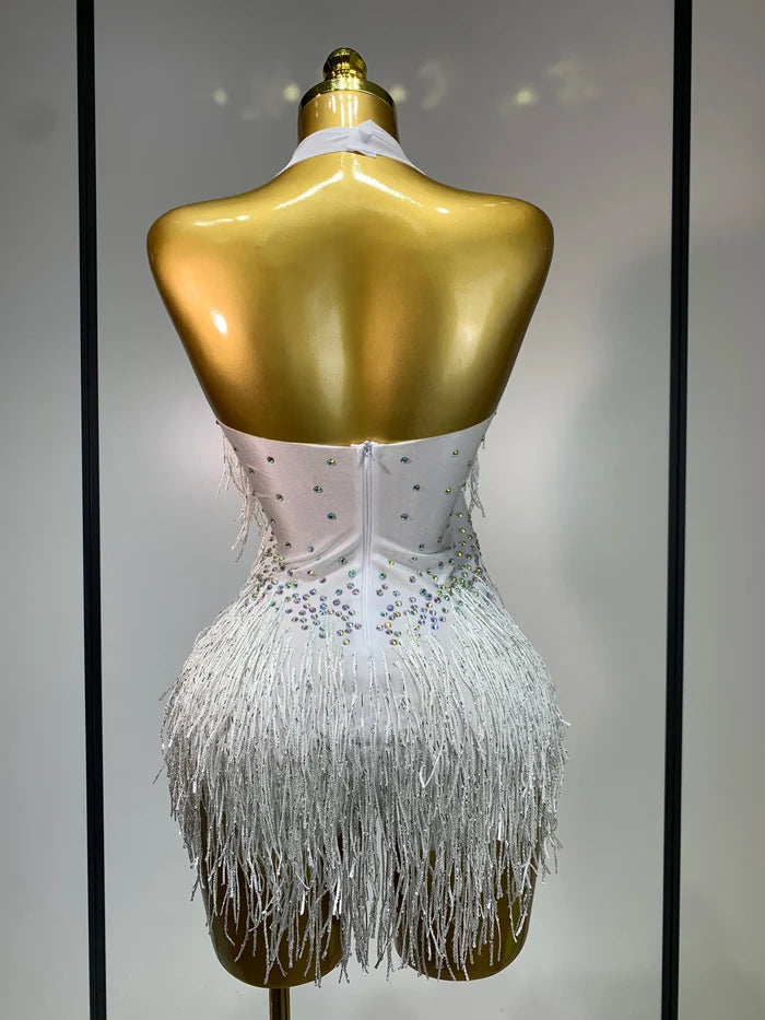 Danica sparkly rhinestones fringes leotard with tassel details for women.