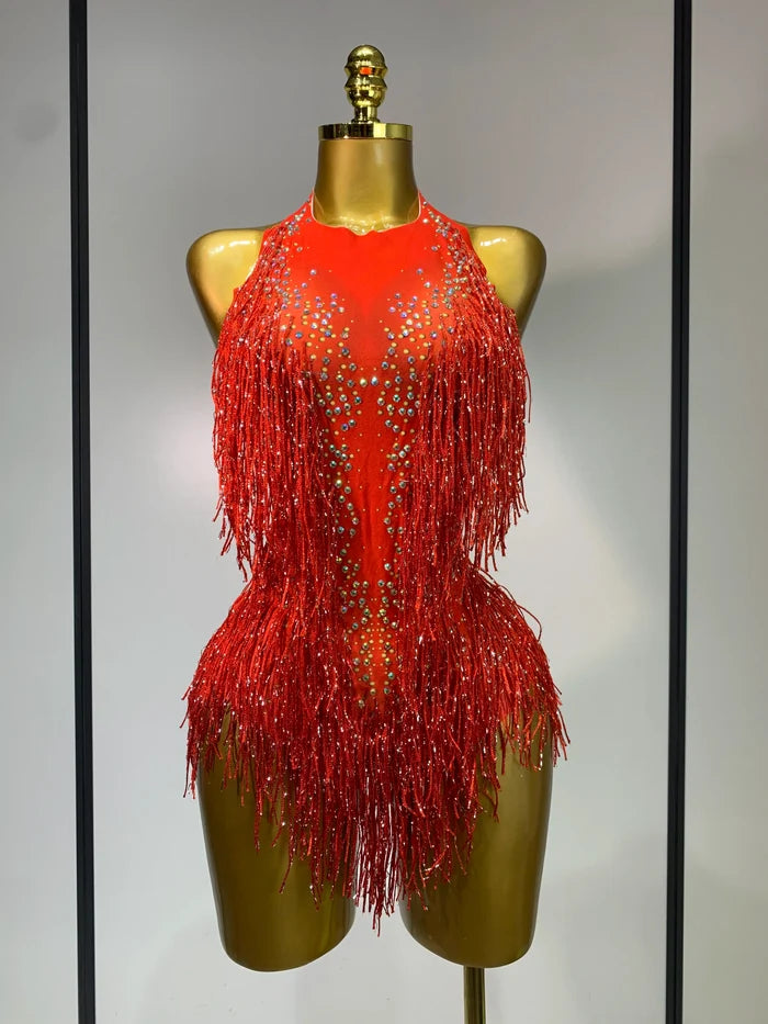 Danica sparkly rhinestones fringes leotard with tassel details for women.