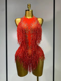 Danica sparkly rhinestones fringes leotard with tassel details for women.