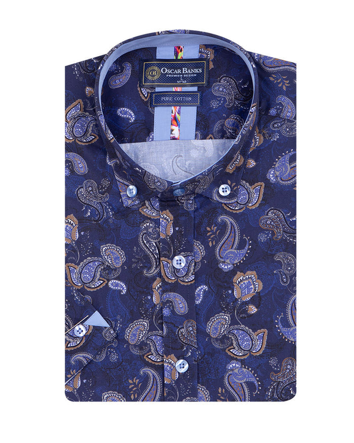 Dark Blue Paisley Print Short Sleeve Shirt-Makrom