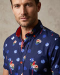Dark Blue Tropical Parrot Print Short Sleeve Shirt