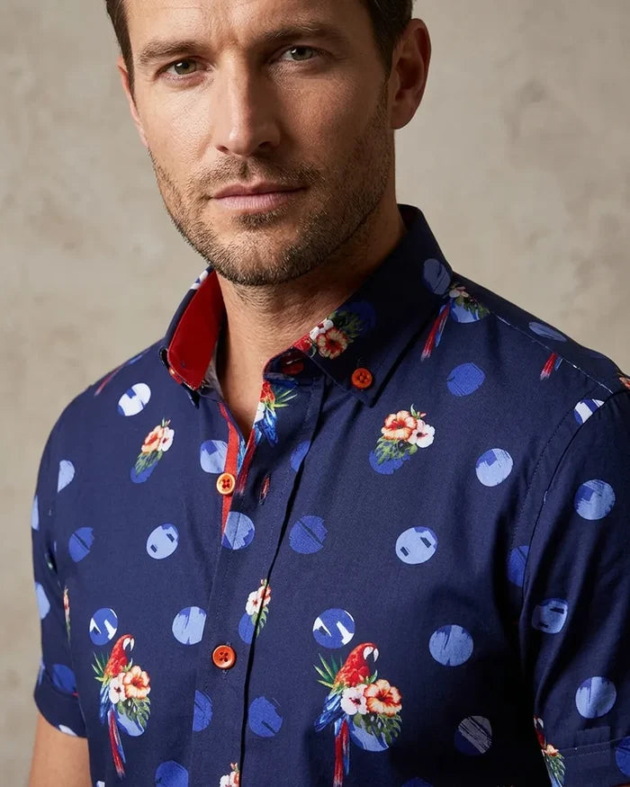 Dark Blue Tropical Parrot Print Short Sleeve Shirt