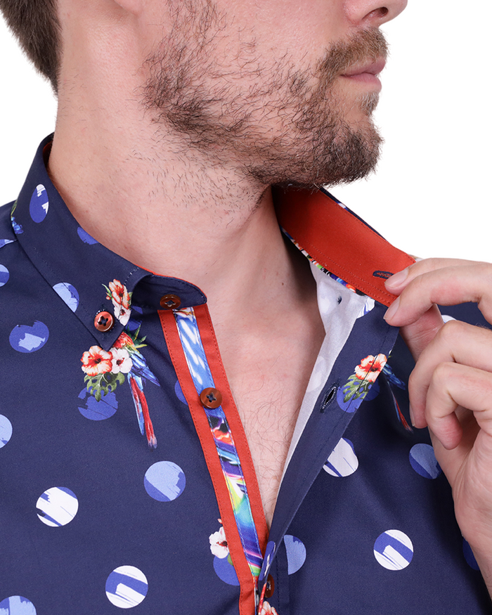 Dark Blue Tropical Parrot Print Short Sleeve Shirt-Makrom