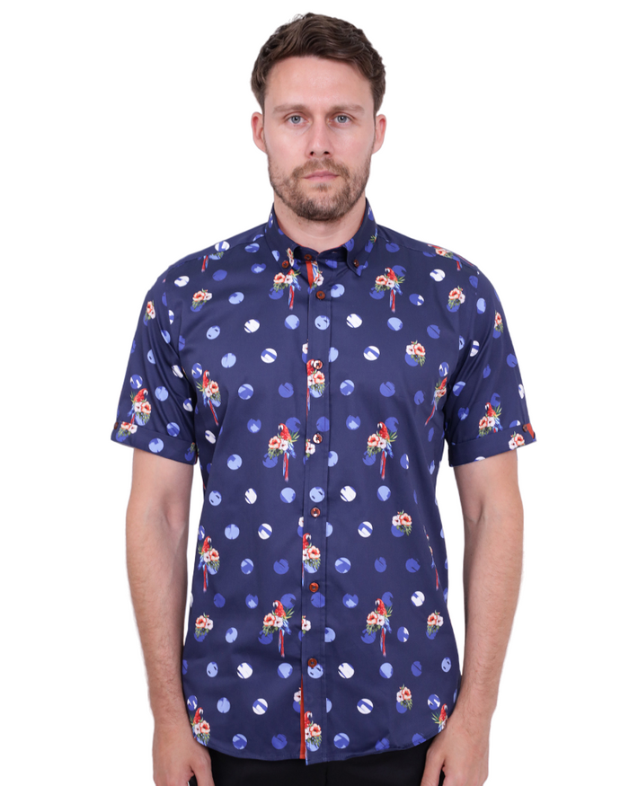 Dark Blue Tropical Parrot Print Short Sleeve Shirt-Makrom