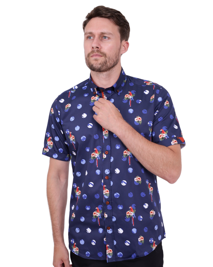 Dark Blue Tropical Parrot Print Short Sleeve Shirt-Makrom