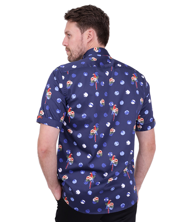 Dark Blue Tropical Parrot Print Short Sleeve Shirt-Makrom