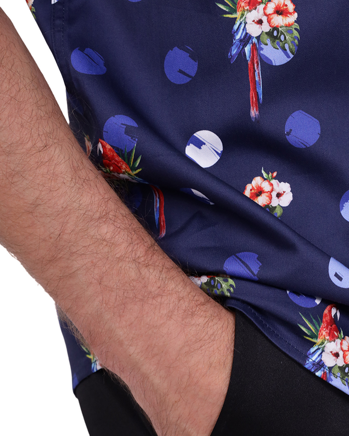 Dark Blue Tropical Parrot Print Short Sleeve Shirt-Makrom