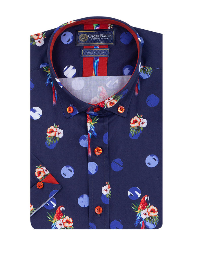Dark Blue Tropical Parrot Print Short Sleeve Shirt-Makrom