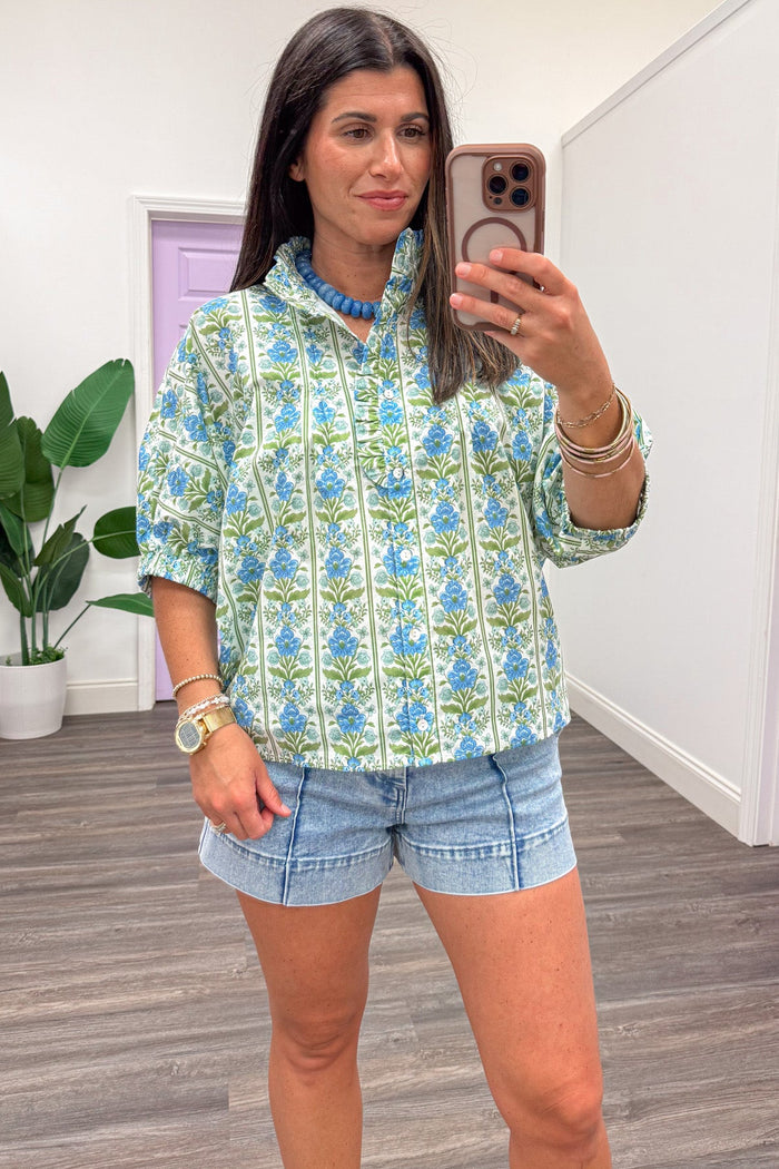 blue green and cream floral print button front short sleeve poplin top
